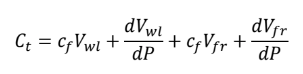 This equation, which we derive from the mass balance equation, indicates that storage has four components: compressibility of water in the wellbore and fracture and changing wellbore and fracture volume. 